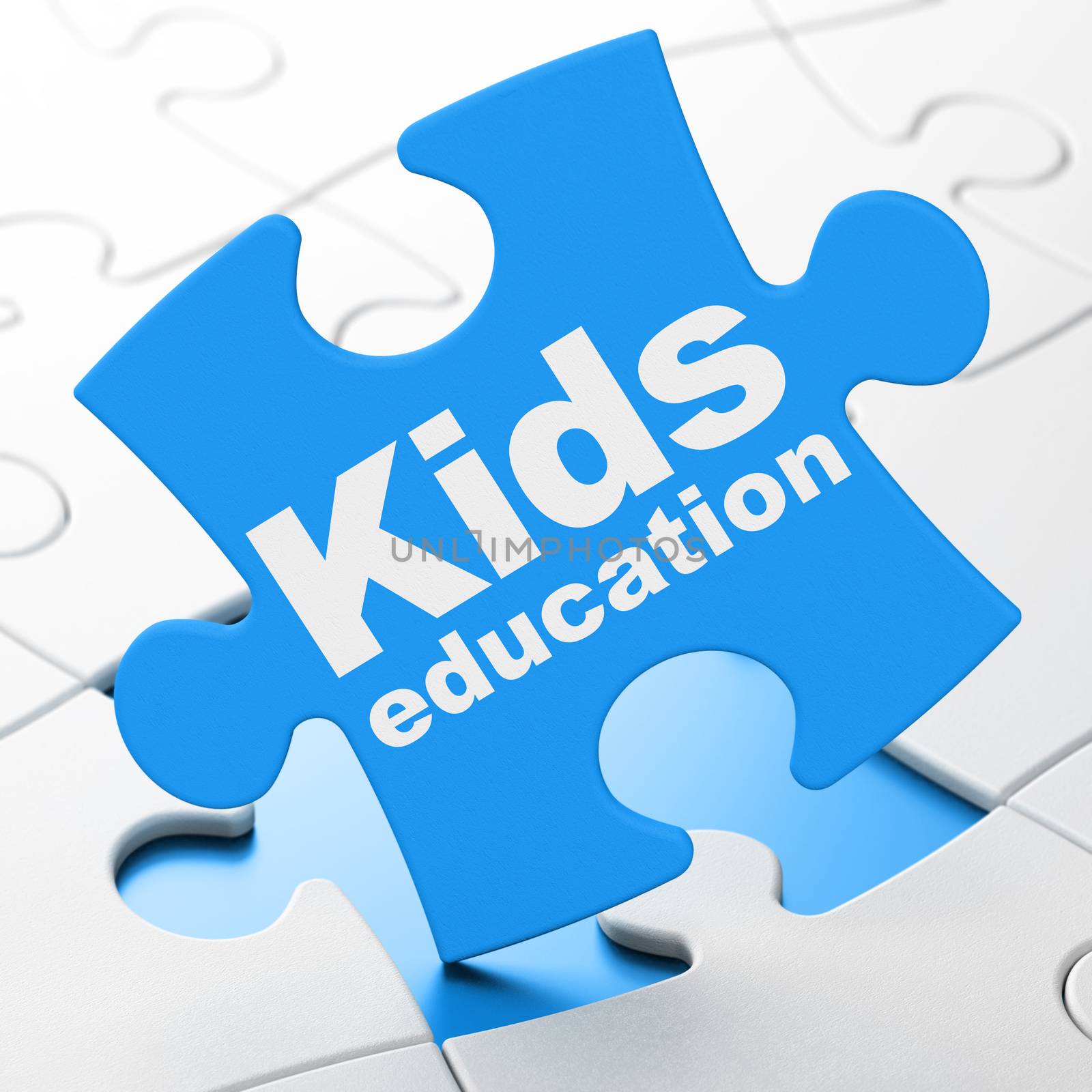 Education concept: Kids Education on Blue puzzle pieces background, 3D rendering