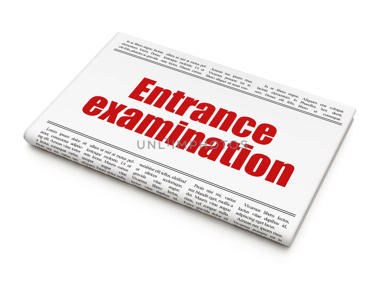 Learning concept: newspaper headline Entrance Examination on White background, 3D rendering