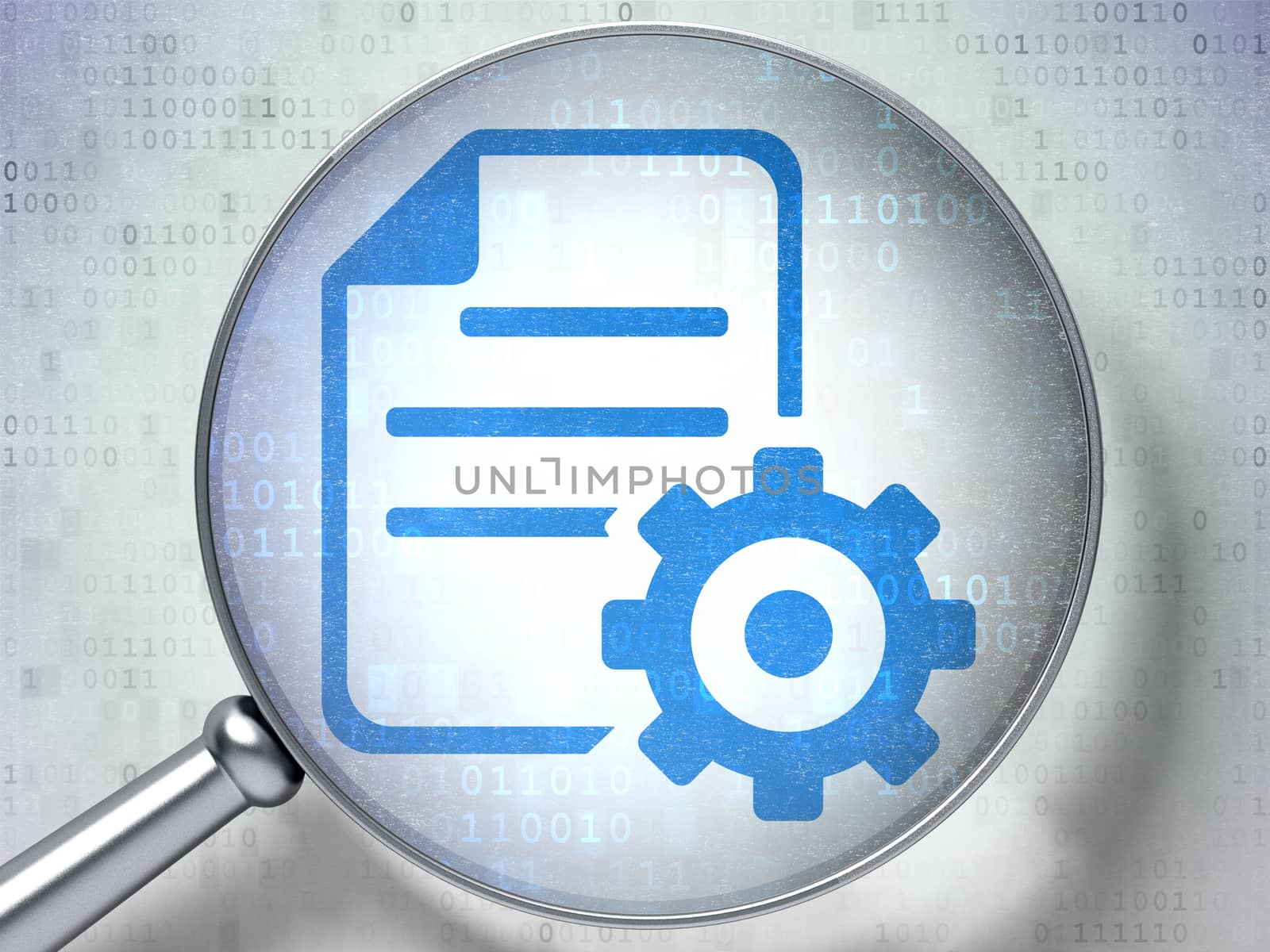 Database concept: magnifying optical glass with Gear icon on digital background, 3D rendering