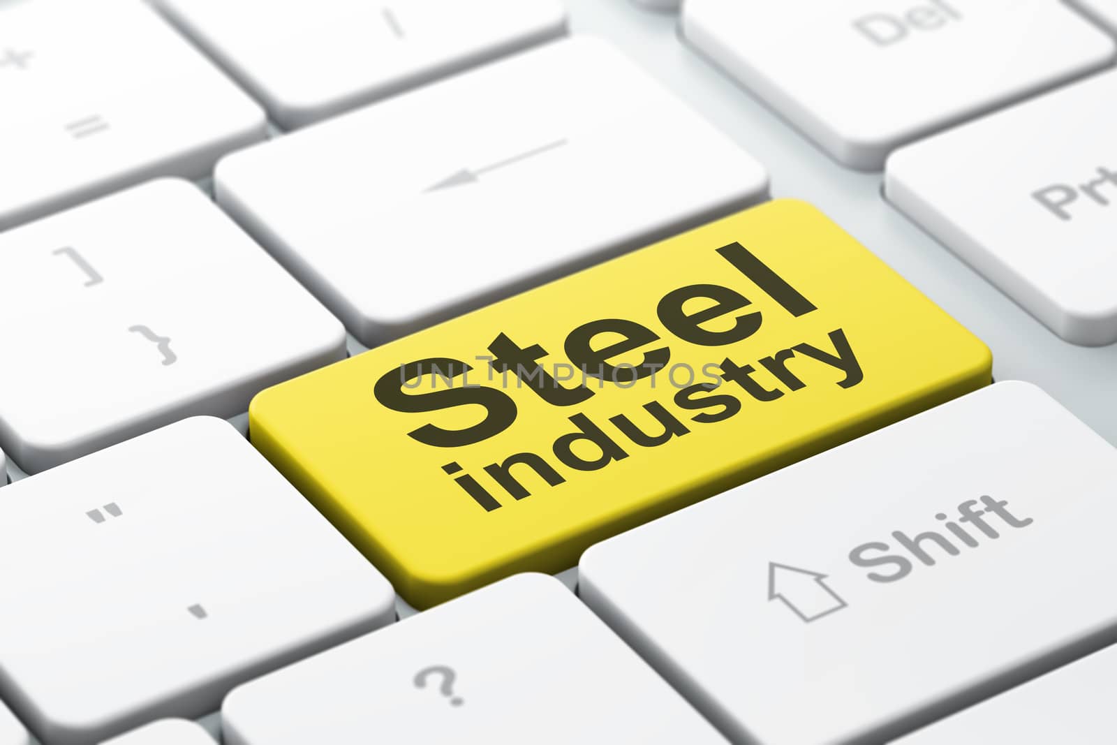 Manufacuring concept: computer keyboard with word Steel Industry, selected focus on enter button background, 3D rendering