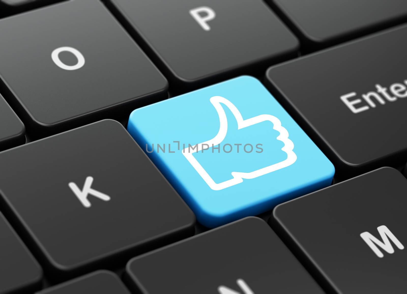 Social network concept: computer keyboard with Thumb Up icon on enter button background, 3D rendering