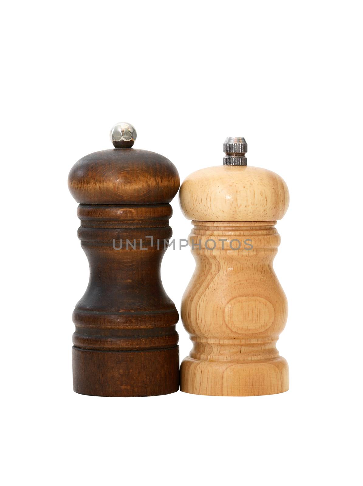 Pair of vintage wooden pepper mills on white background. Isolated with clipping path
