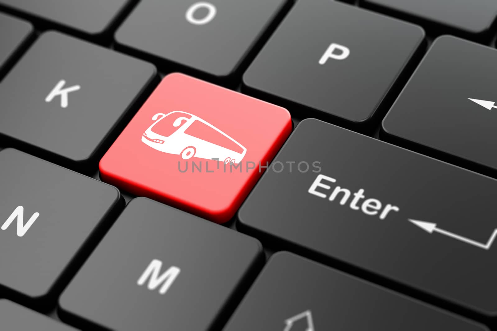 Travel concept: computer keyboard with Bus icon on enter button background, 3D rendering