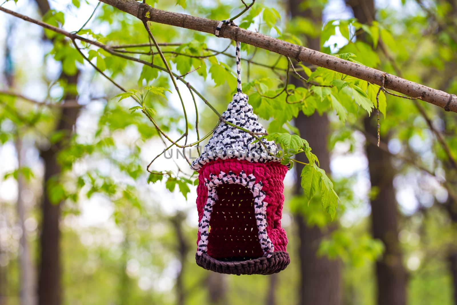 knitted from yarns birdhouse hanging in the park. by boys1983@mail.ru