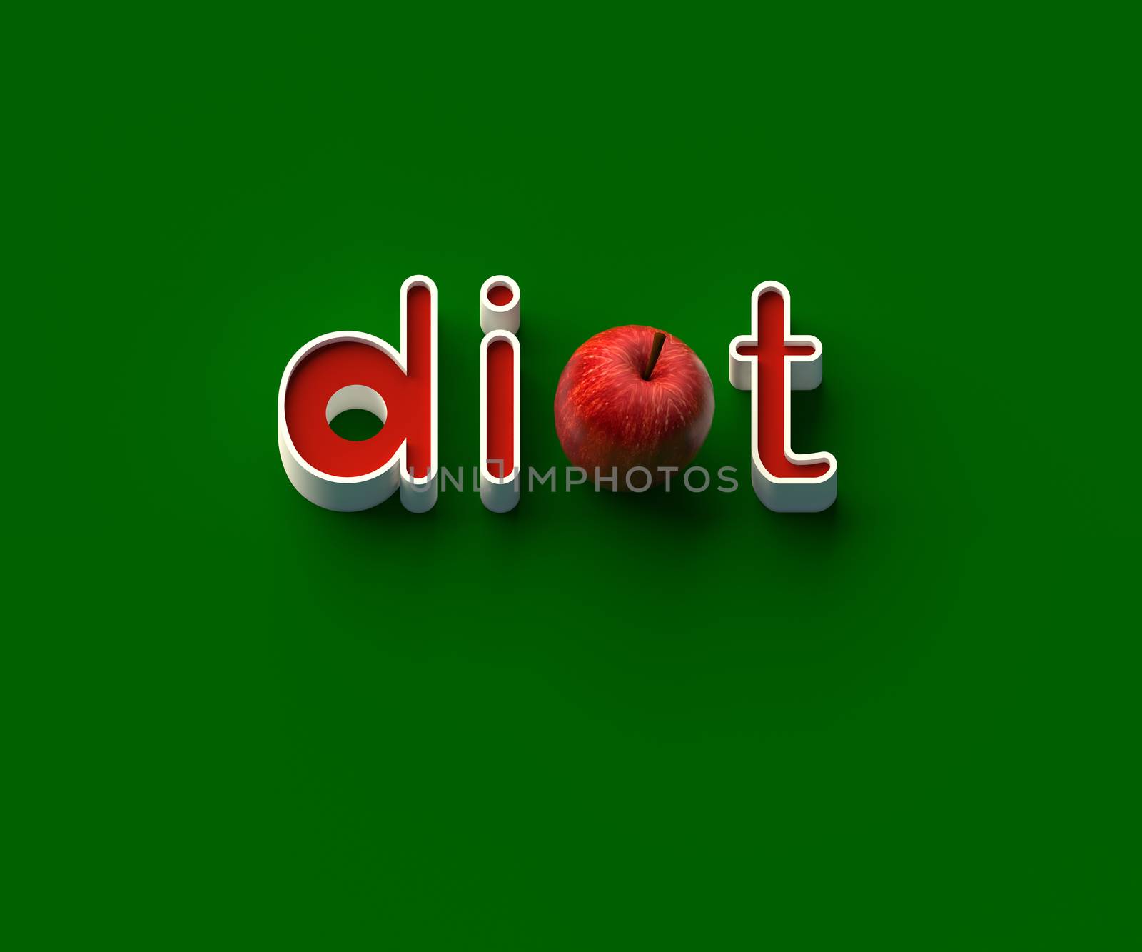 3D RENDERING OF WORDS 'di', AN APPLE AND 't' ON PLAIN BACKGROUND
