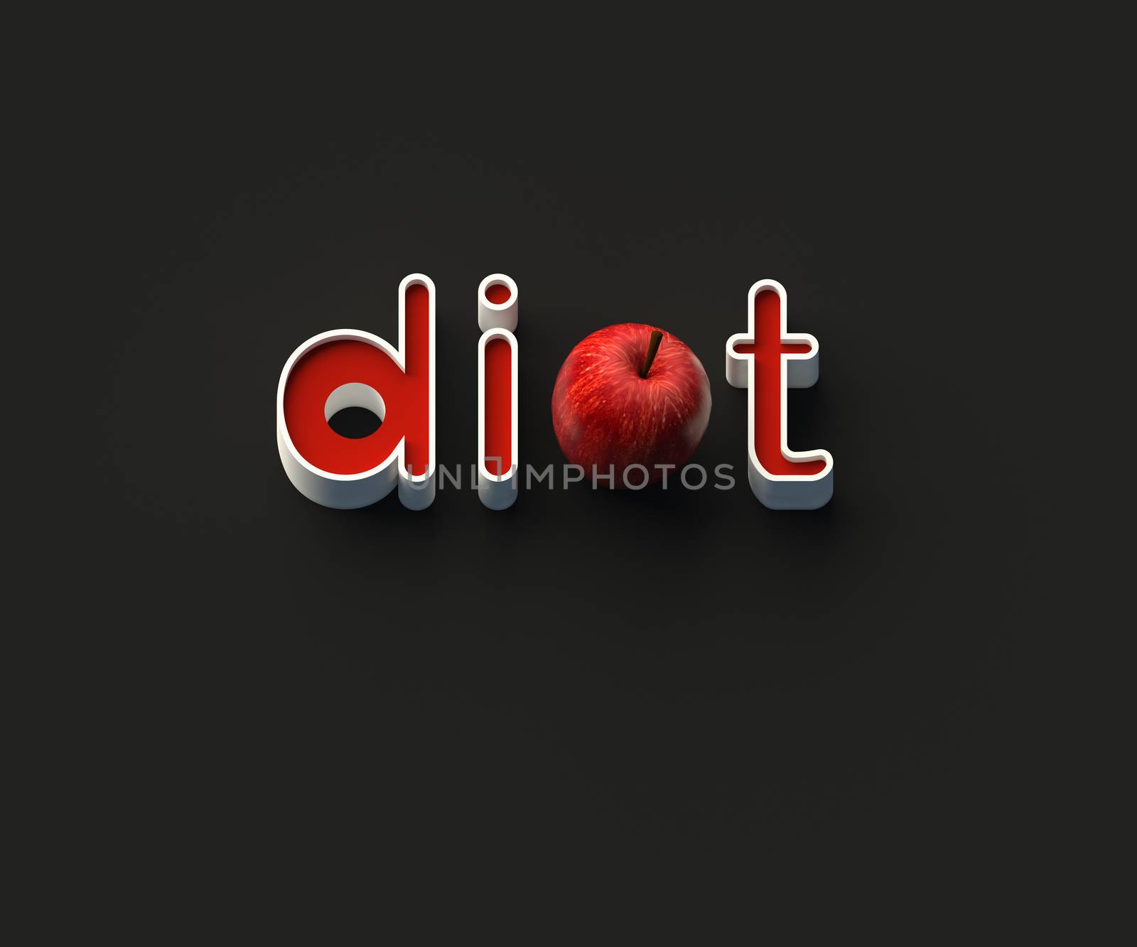 3D RENDERING OF WORDS 'di', AN APPLE AND 't' ON BLACK PLAIN BACKGROUND