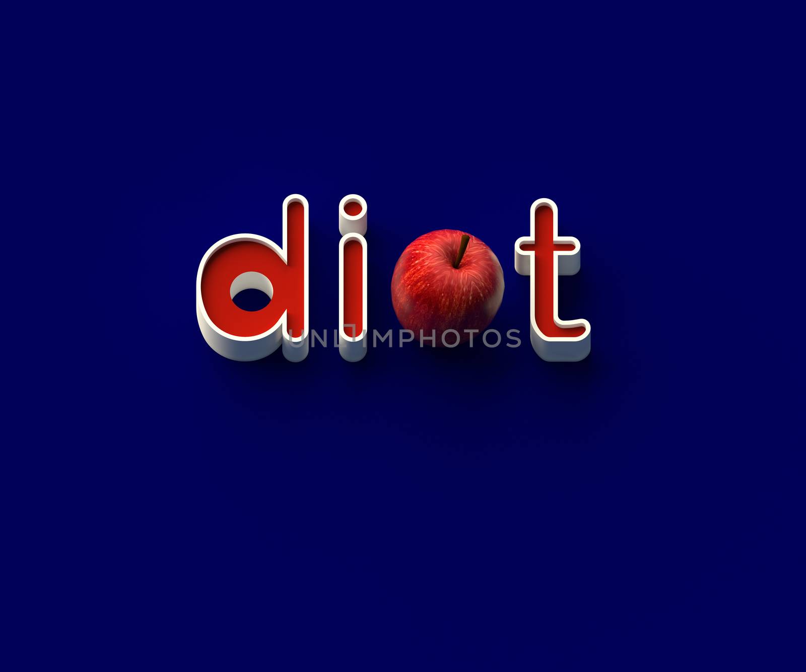3D RENDERING OF WORDS 'di', AN APPLE AND 't' ON BLUE PLAIN BACKGROUND