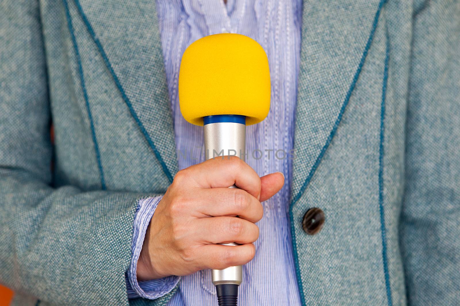 Reporter holding microphone. Media reporting. Journalism.