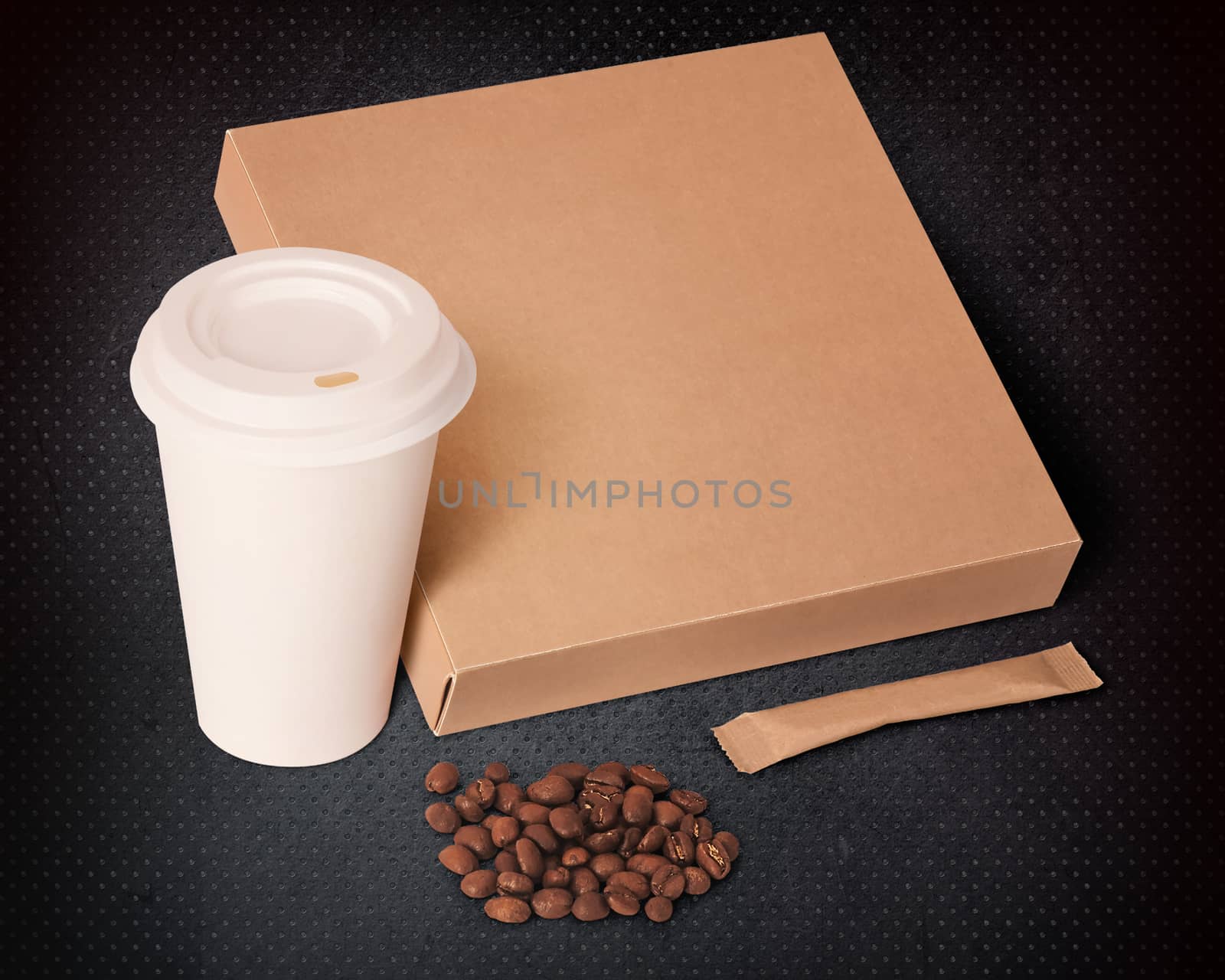 paper cup,coffee beans,sugar and box