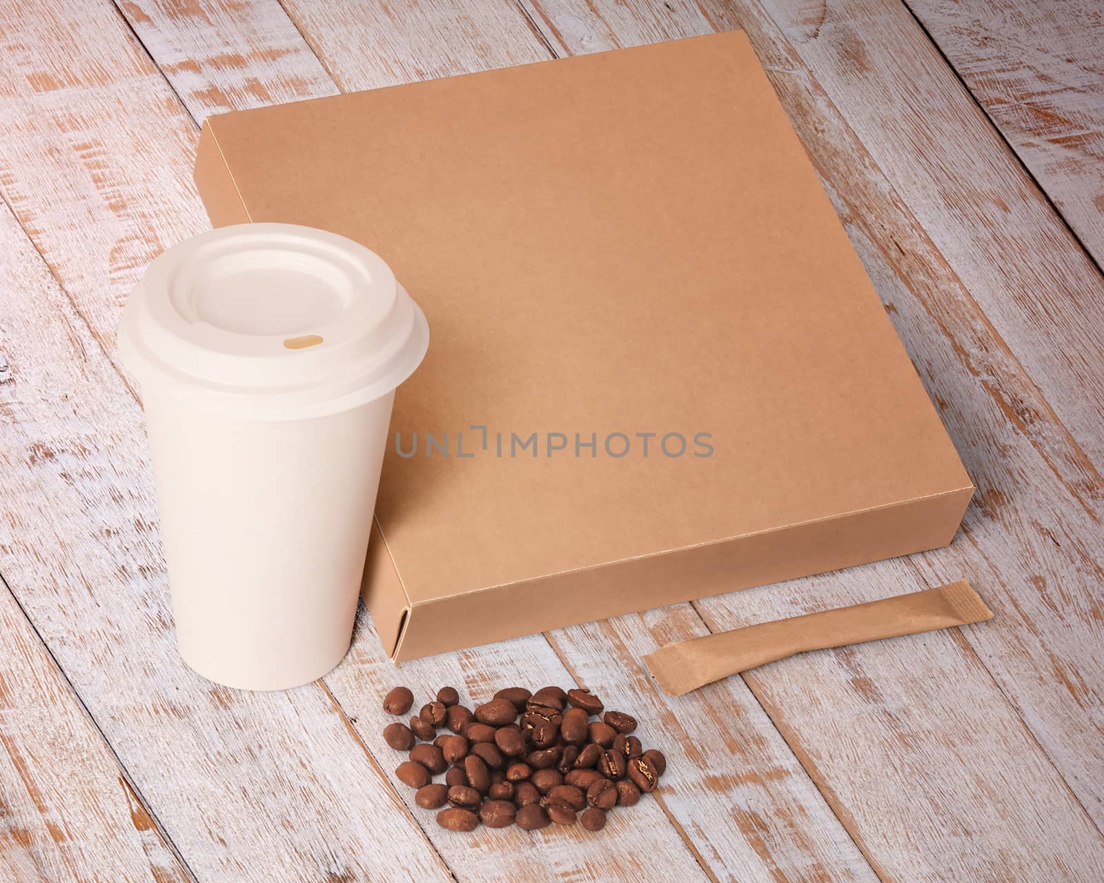 paper cup,coffee beans,sugar and box