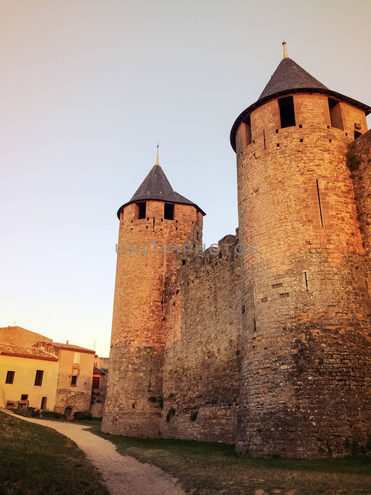 Stone towers of the historic fortified city of Carcassonne, France. Medieval fortress.