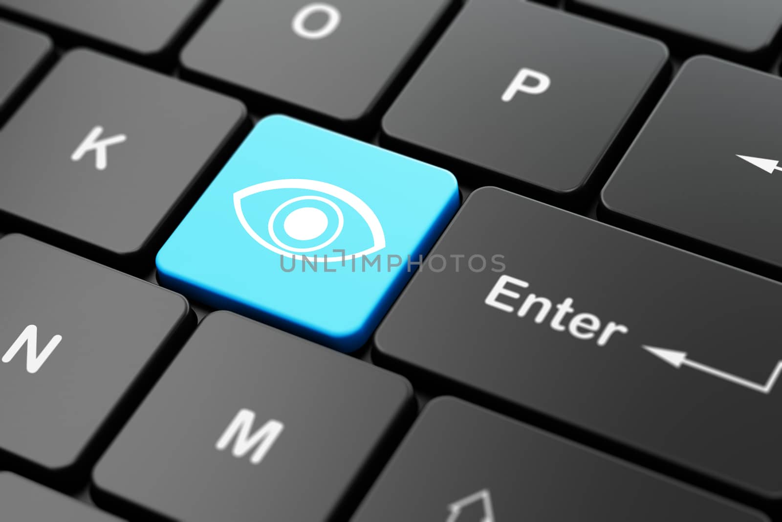 Protection concept: computer keyboard with Eye icon on enter button background, 3D rendering