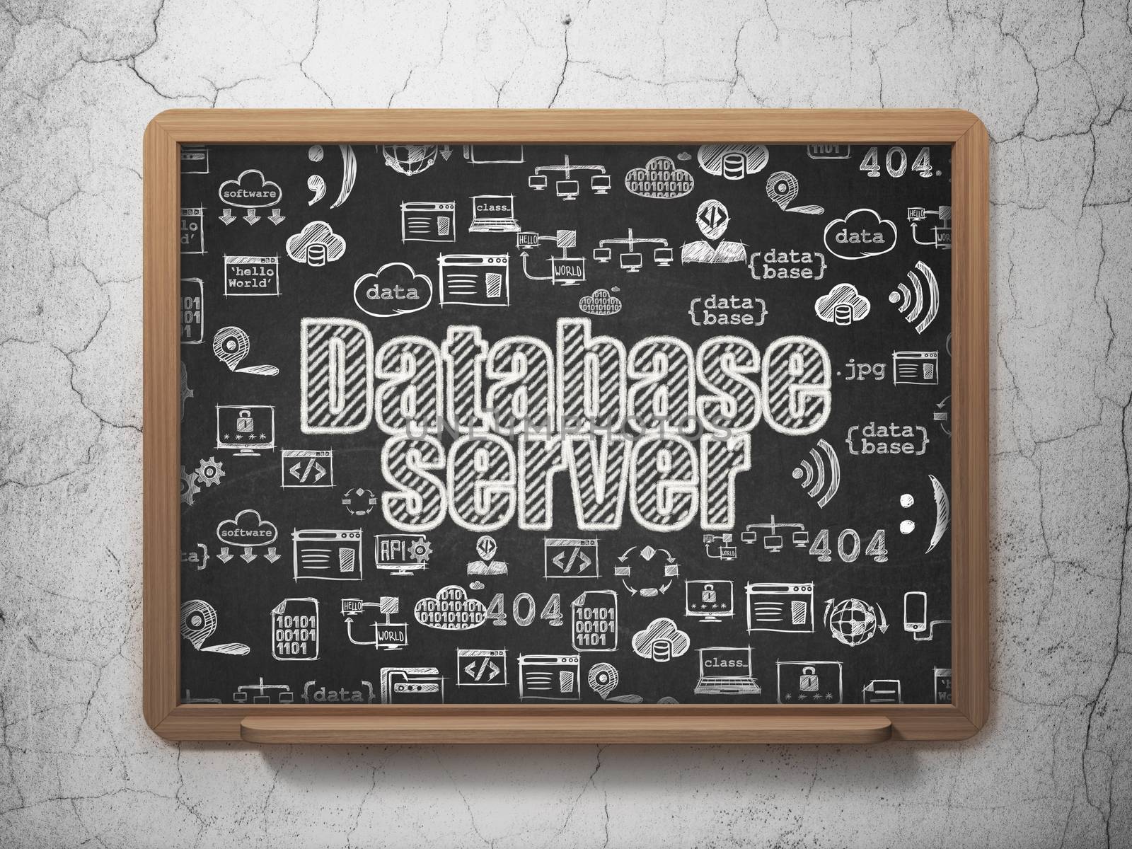 Database concept: Chalk White text Database Server on School board background with  Hand Drawn Programming Icons, 3D Rendering