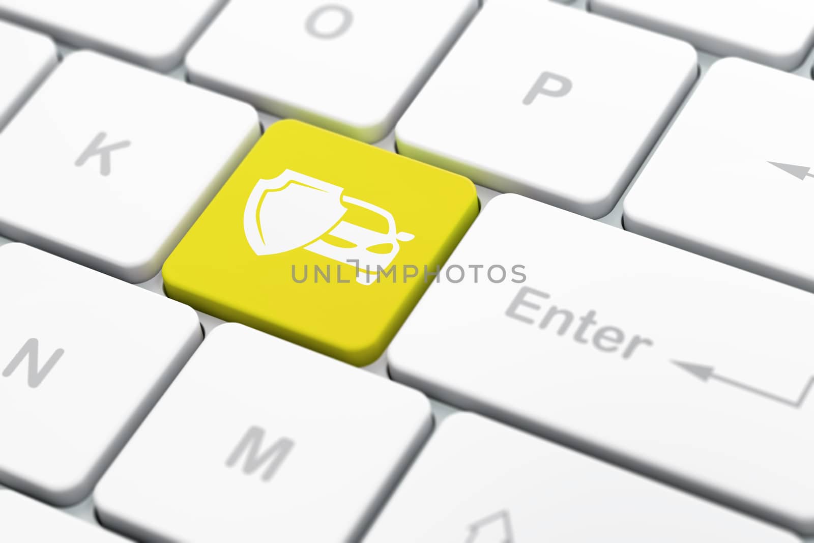 Insurance concept: computer keyboard with Car And Shield icon on enter button background, selected focus, 3D rendering
