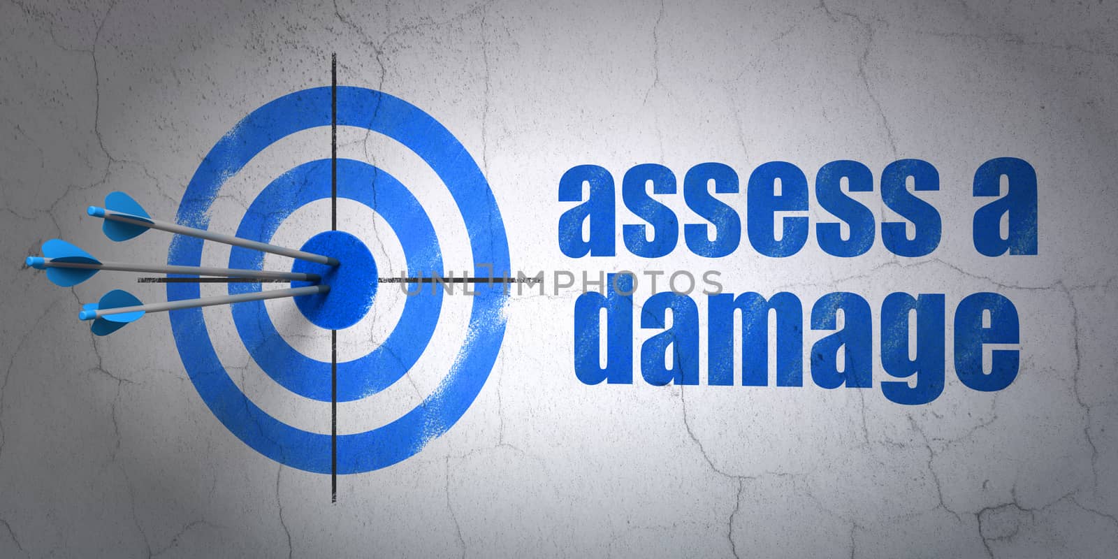 Success Insurance concept: arrows hitting the center of target, Blue Assess A Damage on wall background, 3D rendering