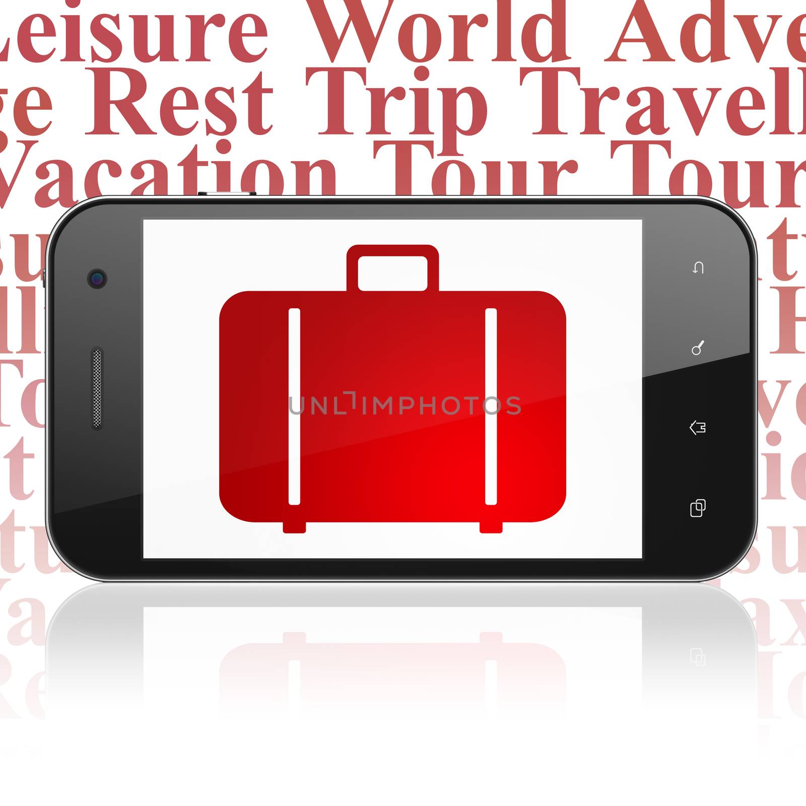 Tourism concept: Smartphone with Bag on display by maxkabakov