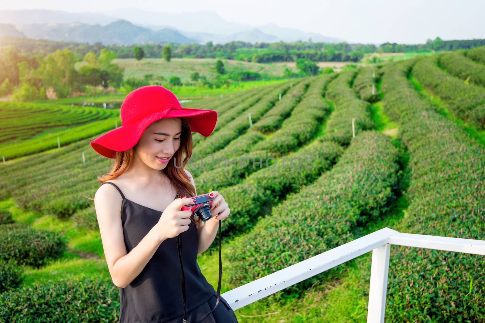 beautiful girl with red hat in green tea mountain. by gutarphotoghaphy