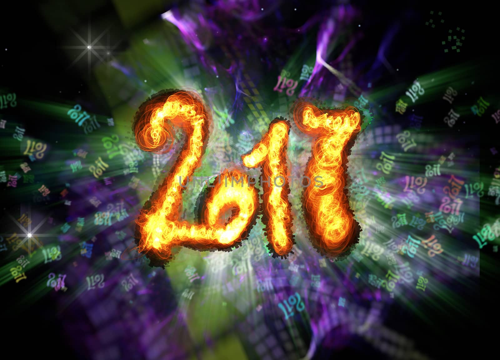 Happy new year 2017 isolated numbers written with fire on bright bokeh background full of flying digits 3d illustration.