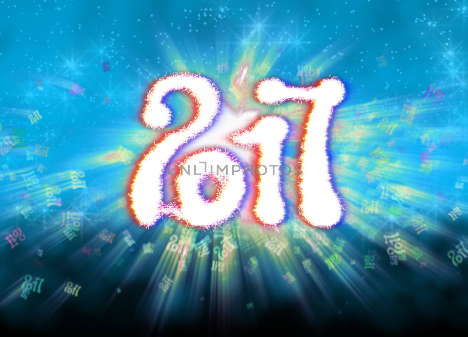 Happy new year 2017 isolated numbers written with light on bright bokeh background full of flying digits 3d illustration by skrotov