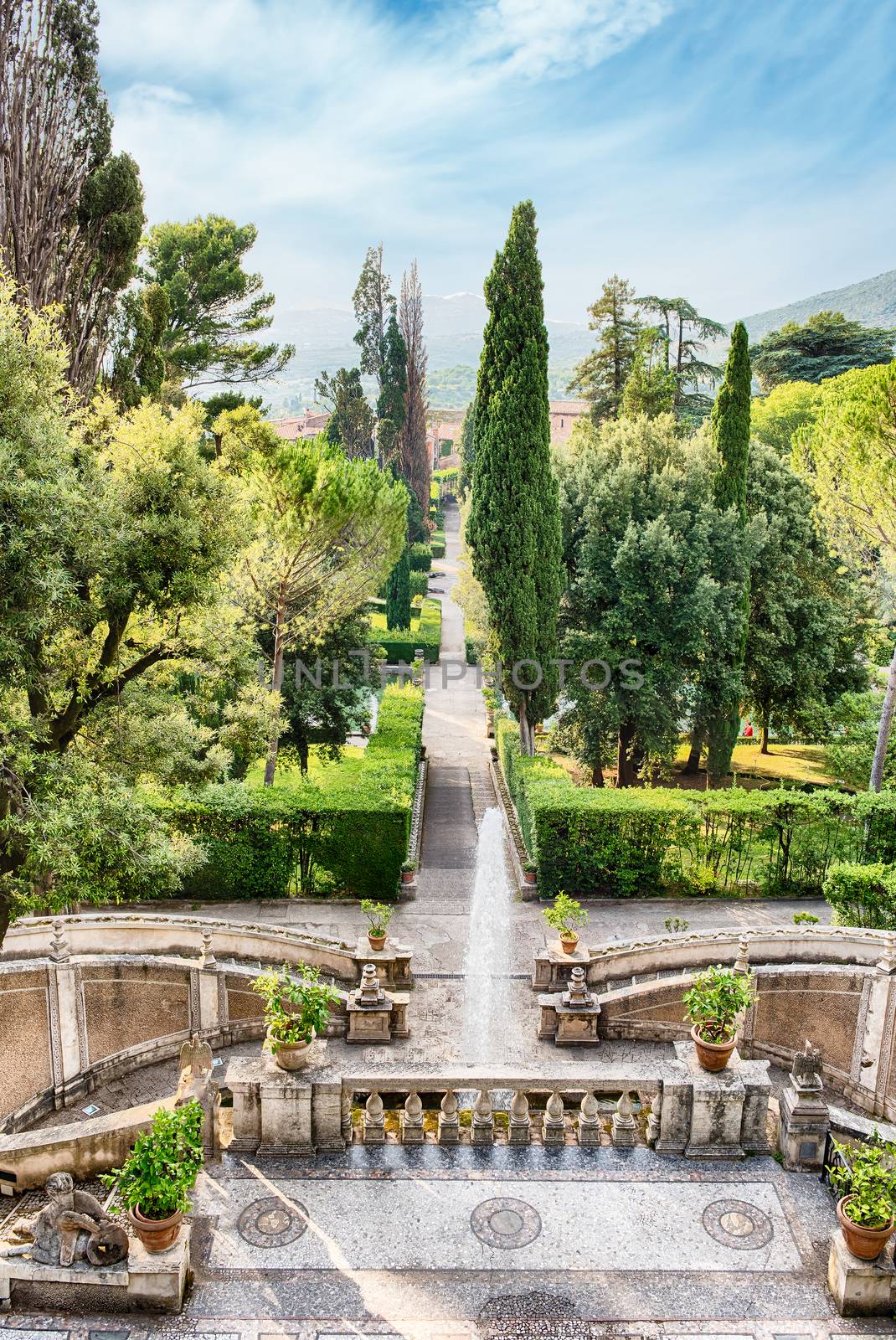Aerial view of the iconic Villa d'Este in Tivoli, Italy