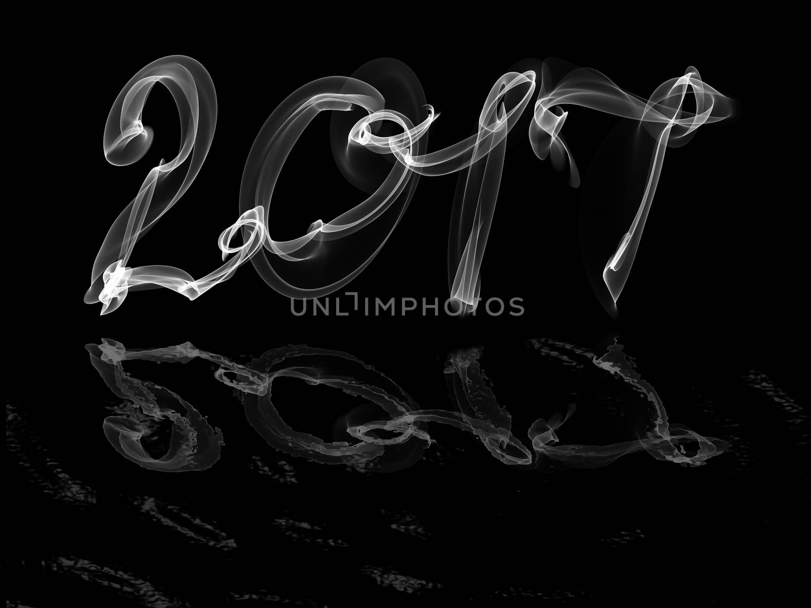 Happy new year 2017 isolated numbers with water reflection written with smoke or fire on black background.