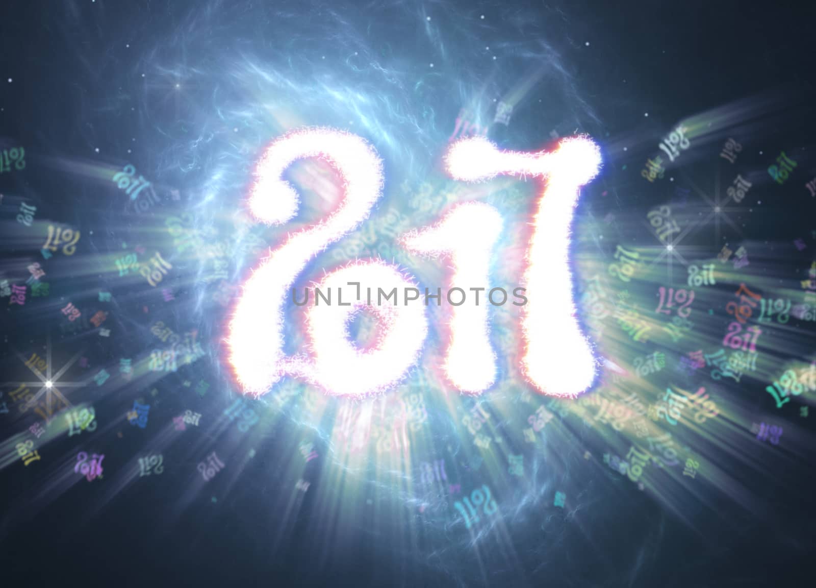 Happy new year 2017 isolated numbers written with light on bright bokeh background full of flying digits 3d illustration.