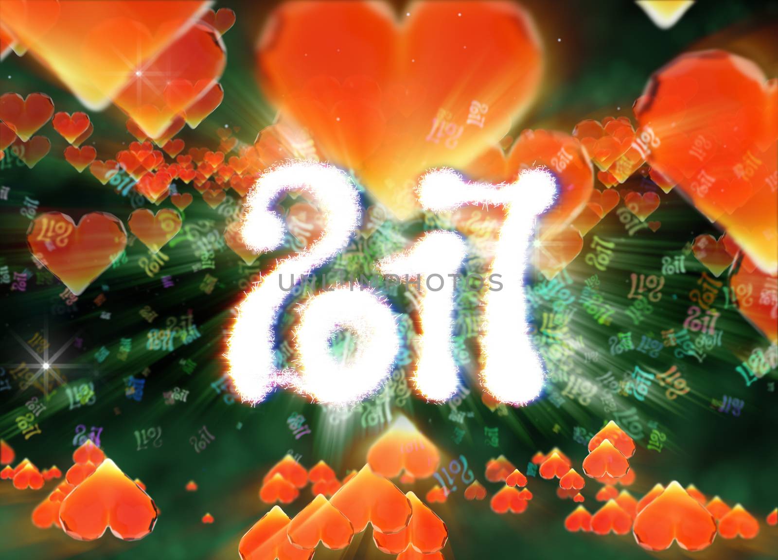 Happy new year 2017 isolated numbers written with light on dark bokeh background and red flying hearts 3d illustration by skrotov