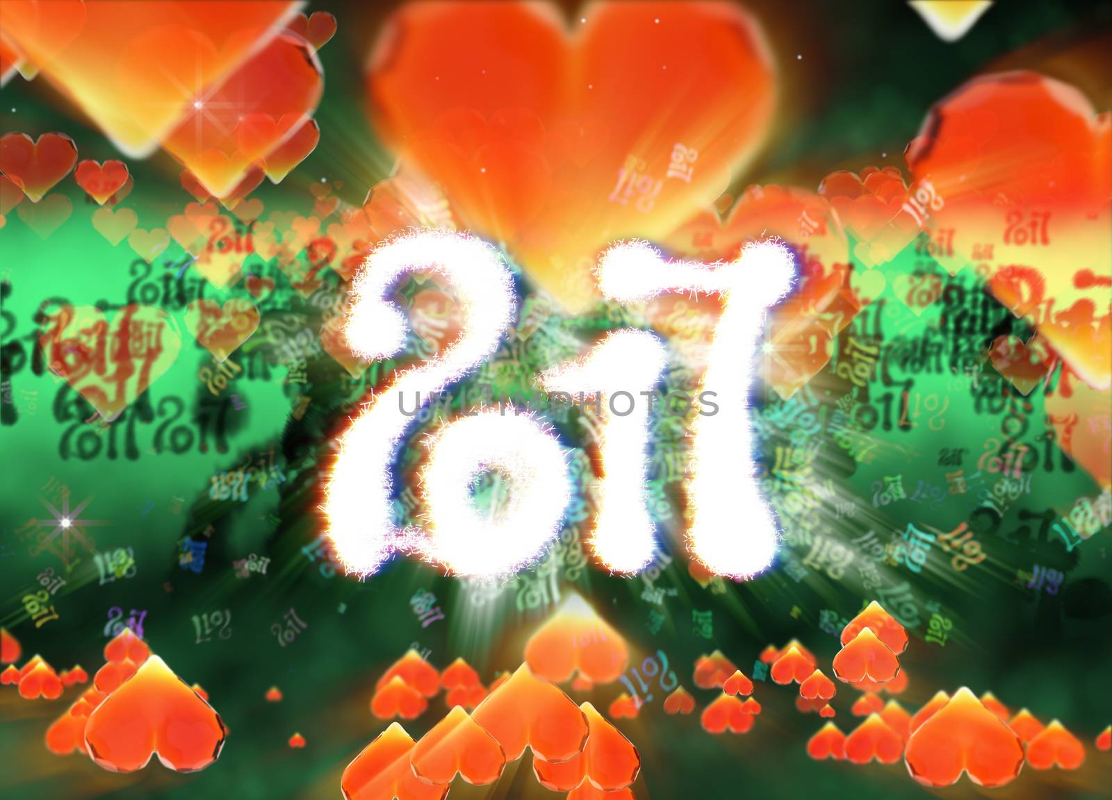 Happy new year 2017 isolated numbers written with light on dark bokeh background and red flying hearts 3d illustration by skrotov