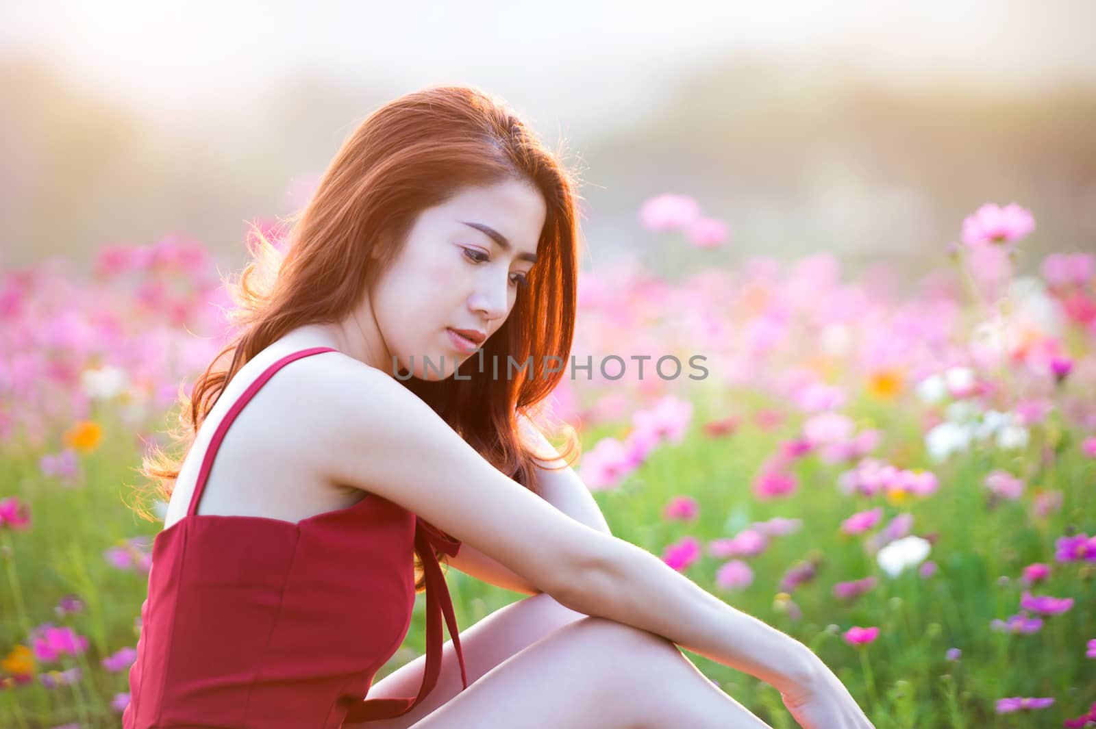 Young beautiful woman with a Cosmos flower. by gutarphotoghaphy