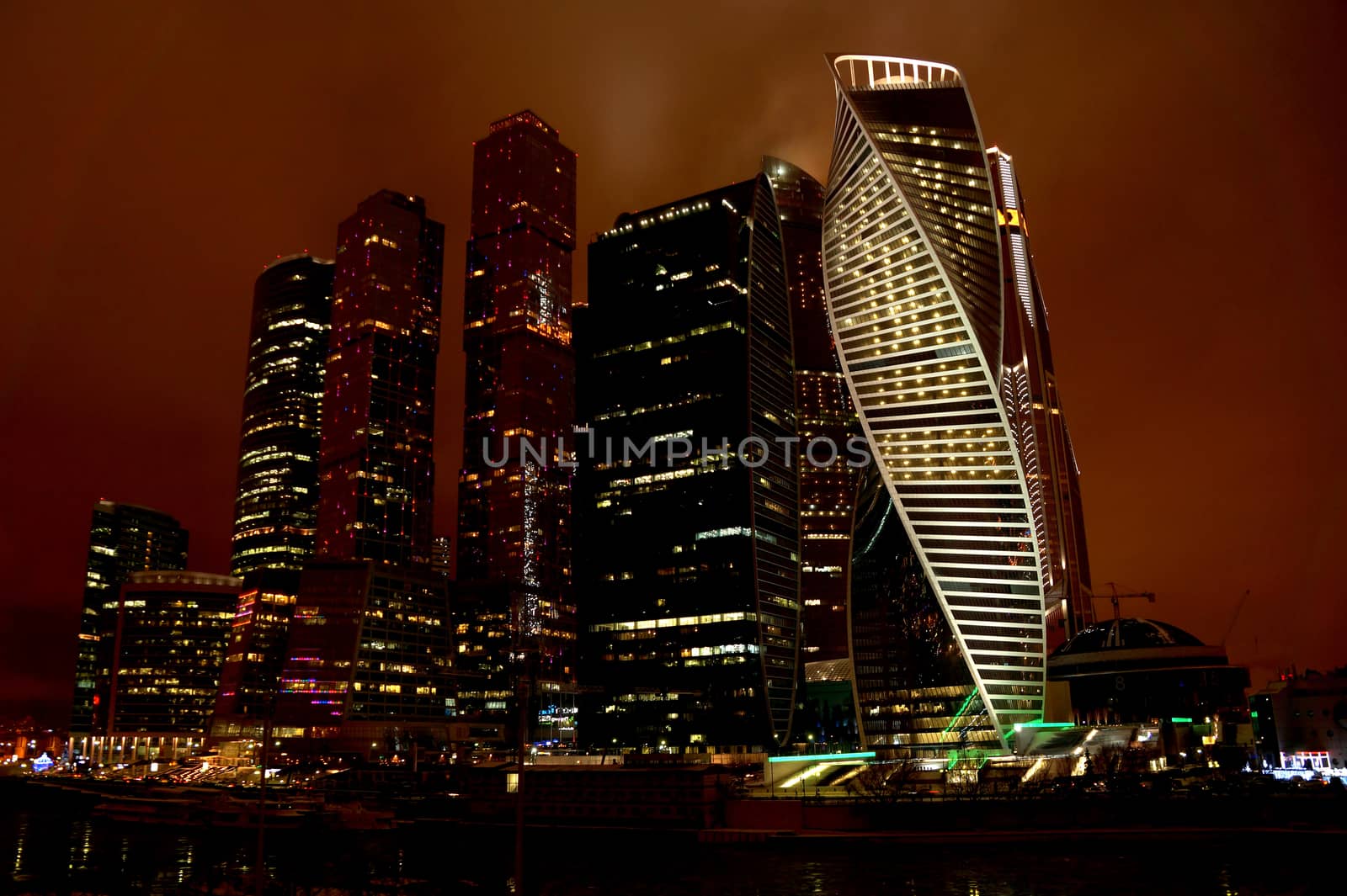 Night look on the Moscow city from the Moskva River