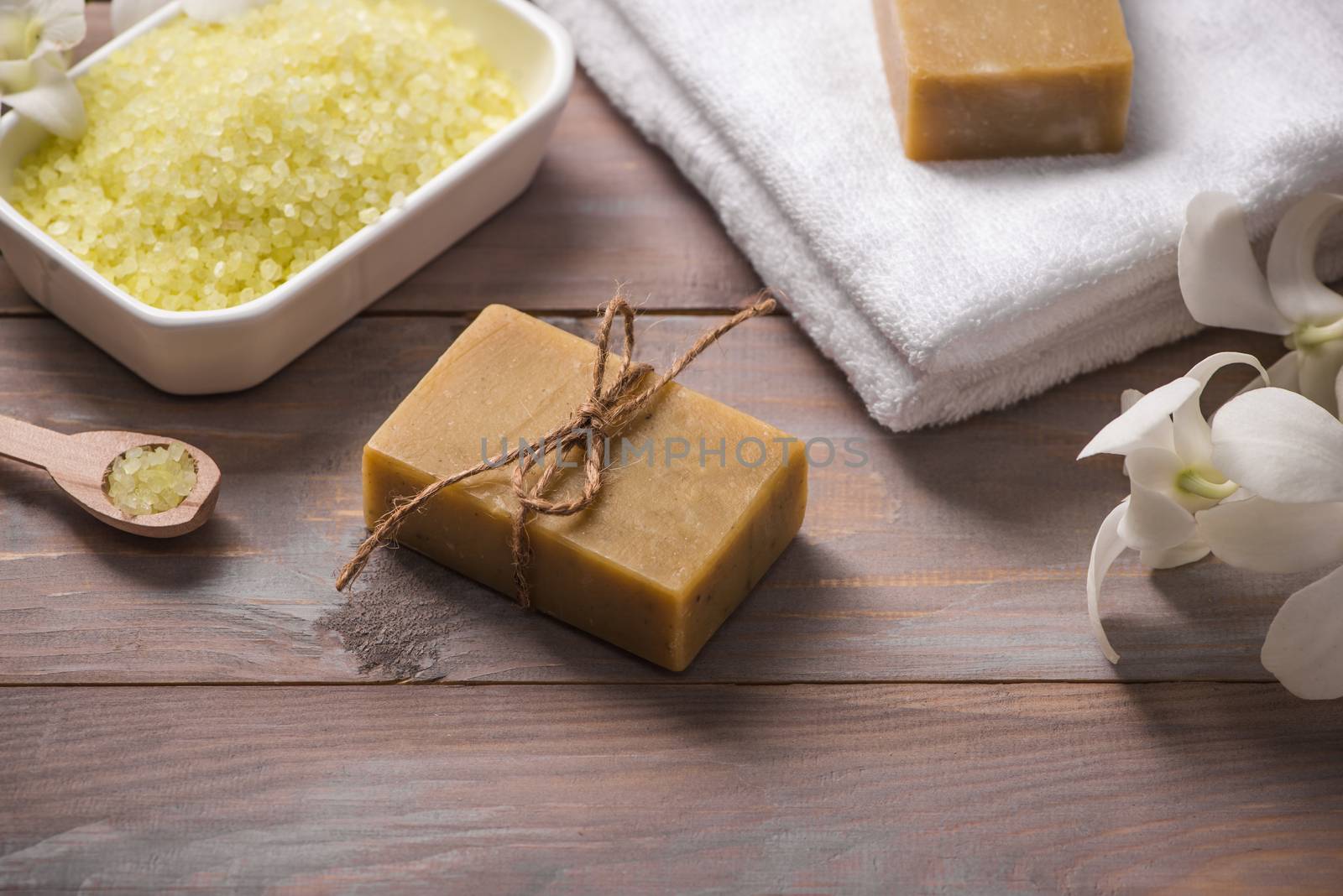 Spa set. Handmade, natural organic soap and white orchid on a wo by makidotvn