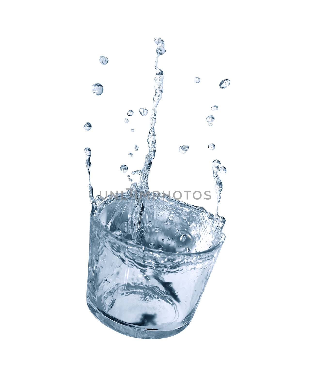 Glass of splashing water with drops on white background. Isolated with clipping path