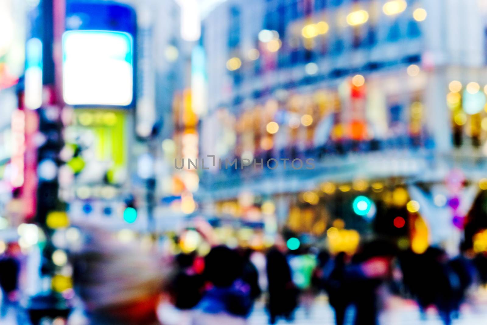 Out of focus colorful lights in Tokyo street at night, Shibuya, Tokyo Japan