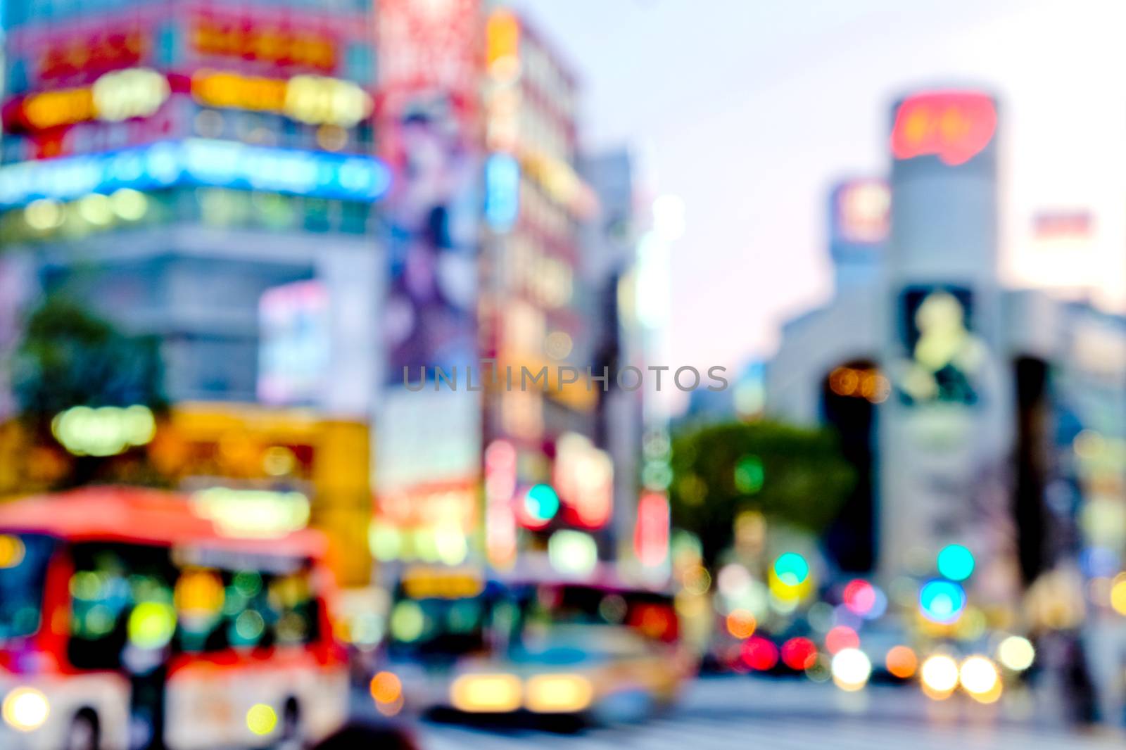Out of focus colorful lights in Tokyo street at night, Shibuya, Tokyo Japan