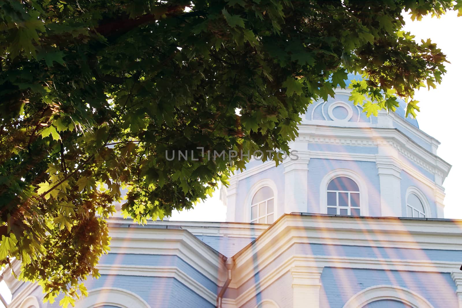 The magic church. Composition of the church and the rays. Architecture