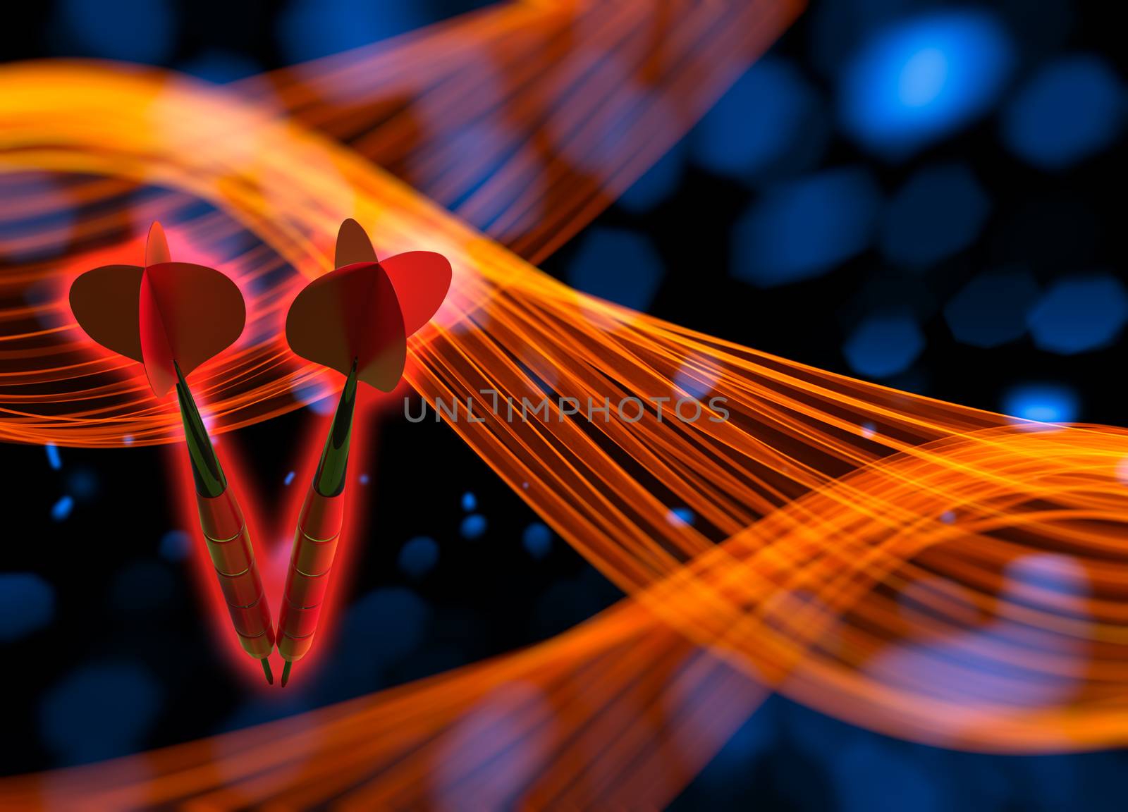 The two red darts flying in the space via background with bokeh lights and wavy smoke shapes. 3d illustration by skrotov