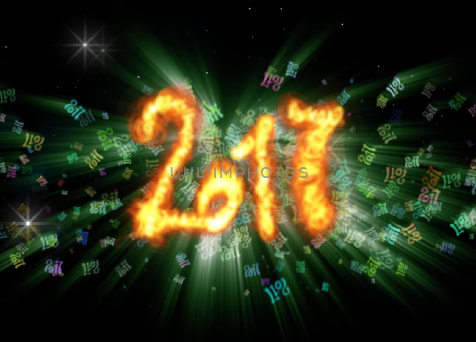 Happy new year 2017 isolated numbers written with fire on bright bokeh background full of flying digits 3d illustration.