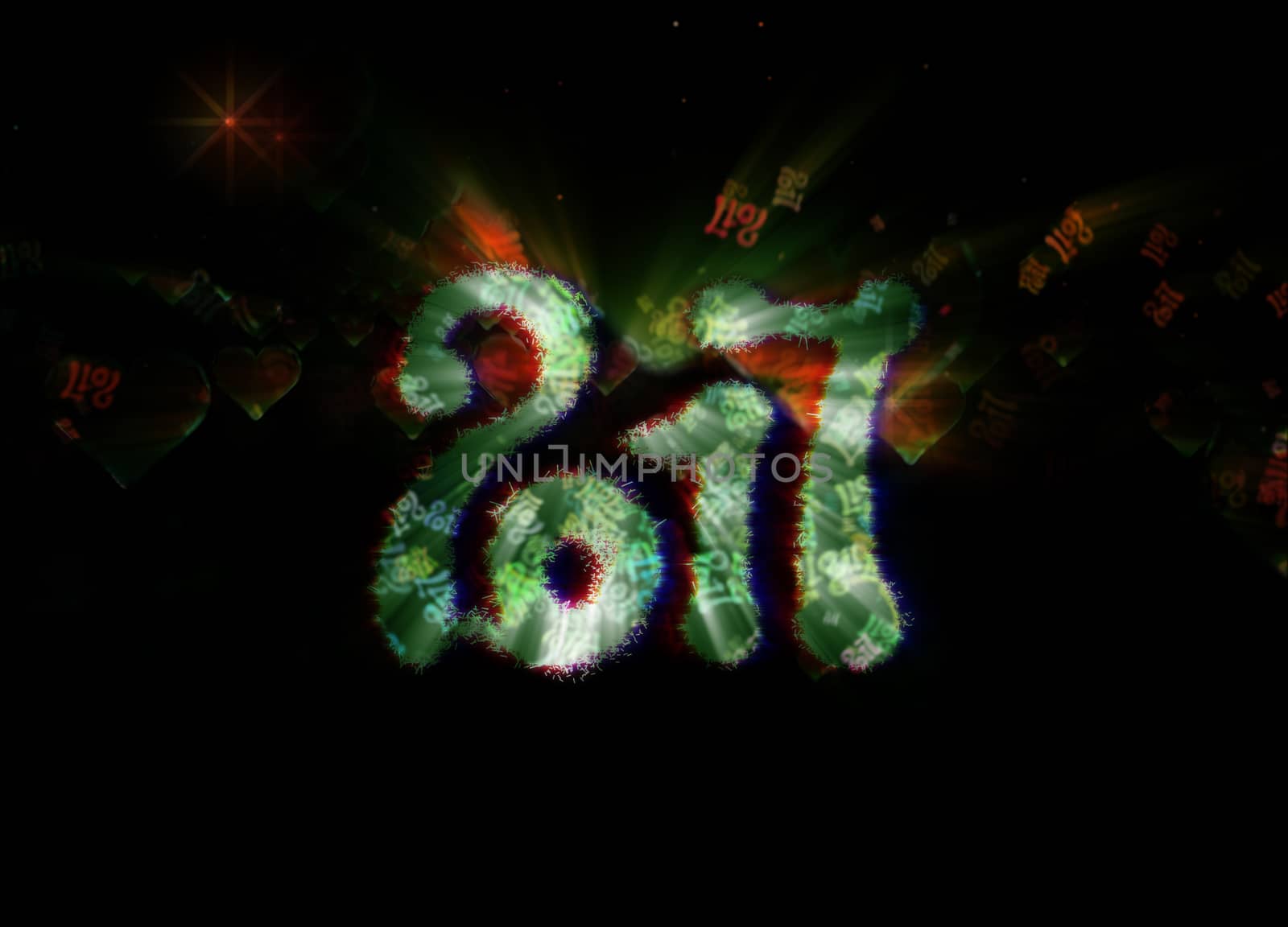 Happy new year 2017 isolated numbers written with light on dark bokeh background full of flying digits 3d illustration