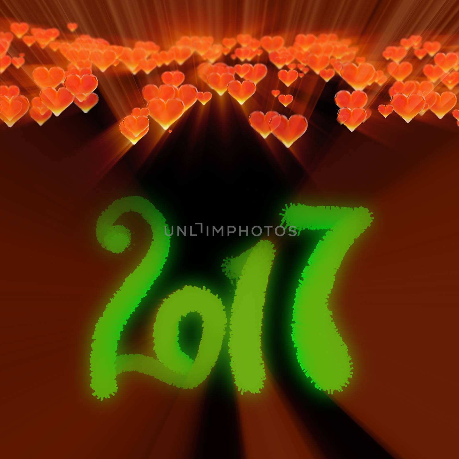 Happy new year 2017 isolated numbers written with light on dark bokeh background and red flying hearts 3d illustration.