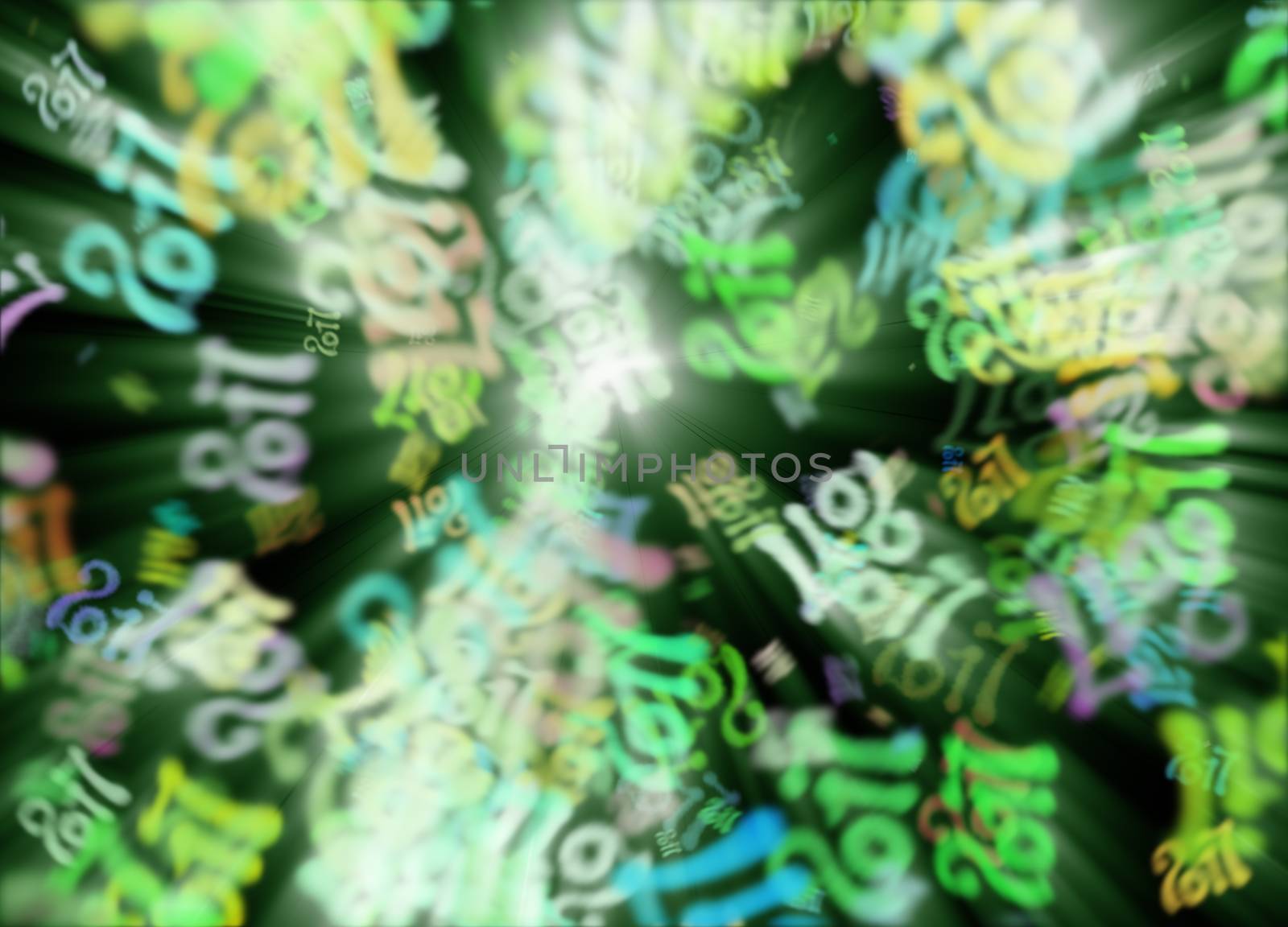 Happy new year 2017 flying digits numbers written with light on bright bokeh background. 3d illustration.