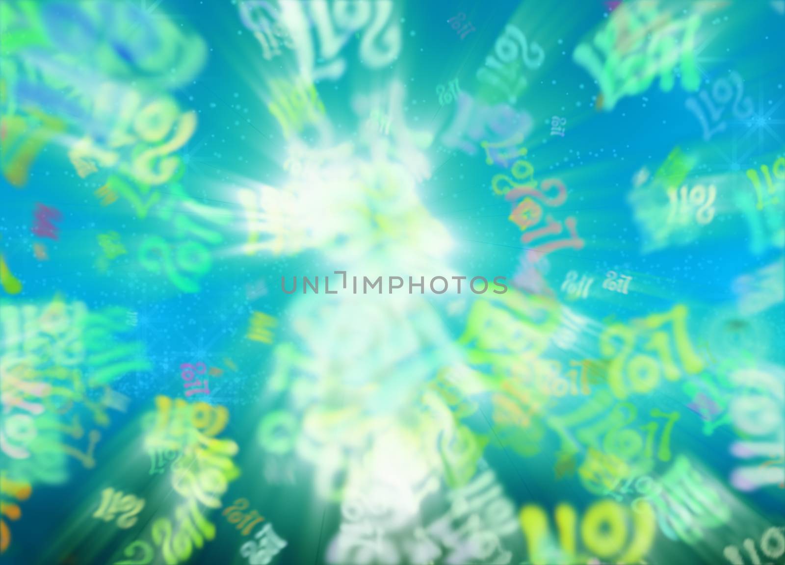 Happy new year 2017 flying digits numbers written with light on bright bokeh background. 3d illustration by skrotov