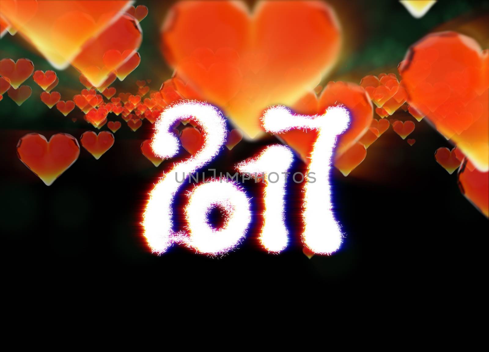 Happy new year 2017 isolated numbers written with light on dark bokeh background and red flying hearts 3d illustration.