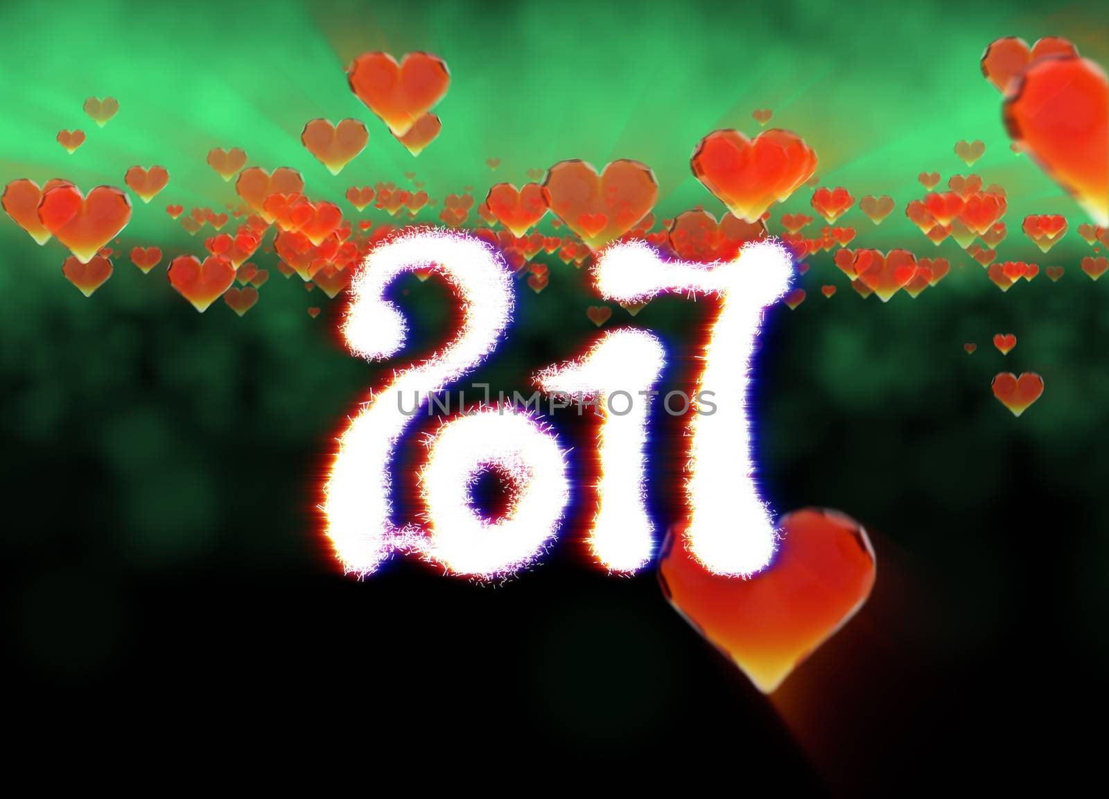 Happy new year 2017 isolated numbers written with light on dark bokeh background and red flying hearts 3d illustration by skrotov