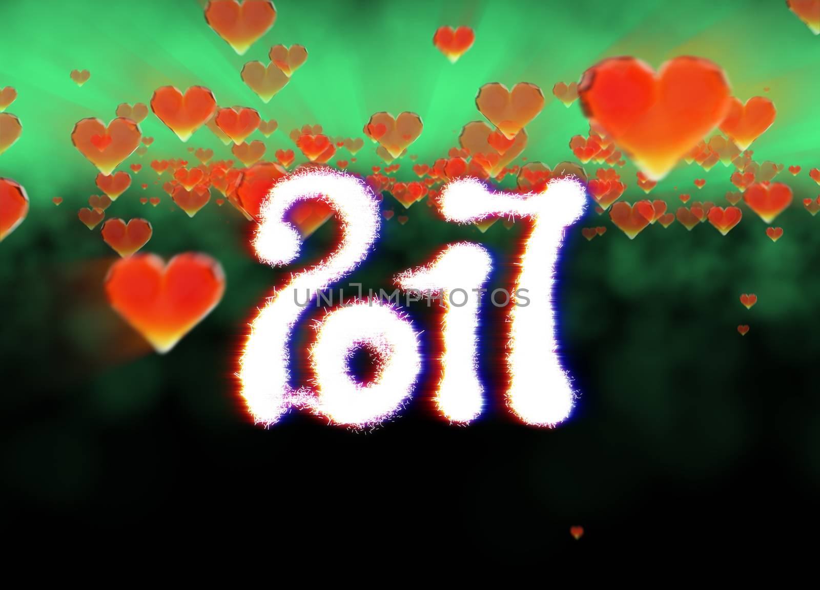 Happy new year 2017 isolated numbers written with light on dark bokeh background and red flying hearts 3d illustration.