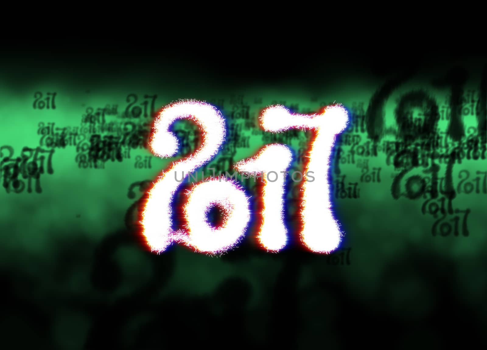 Happy new year 2017 isolated numbers written with light on bright bokeh background full of flying digits 3d illustration.