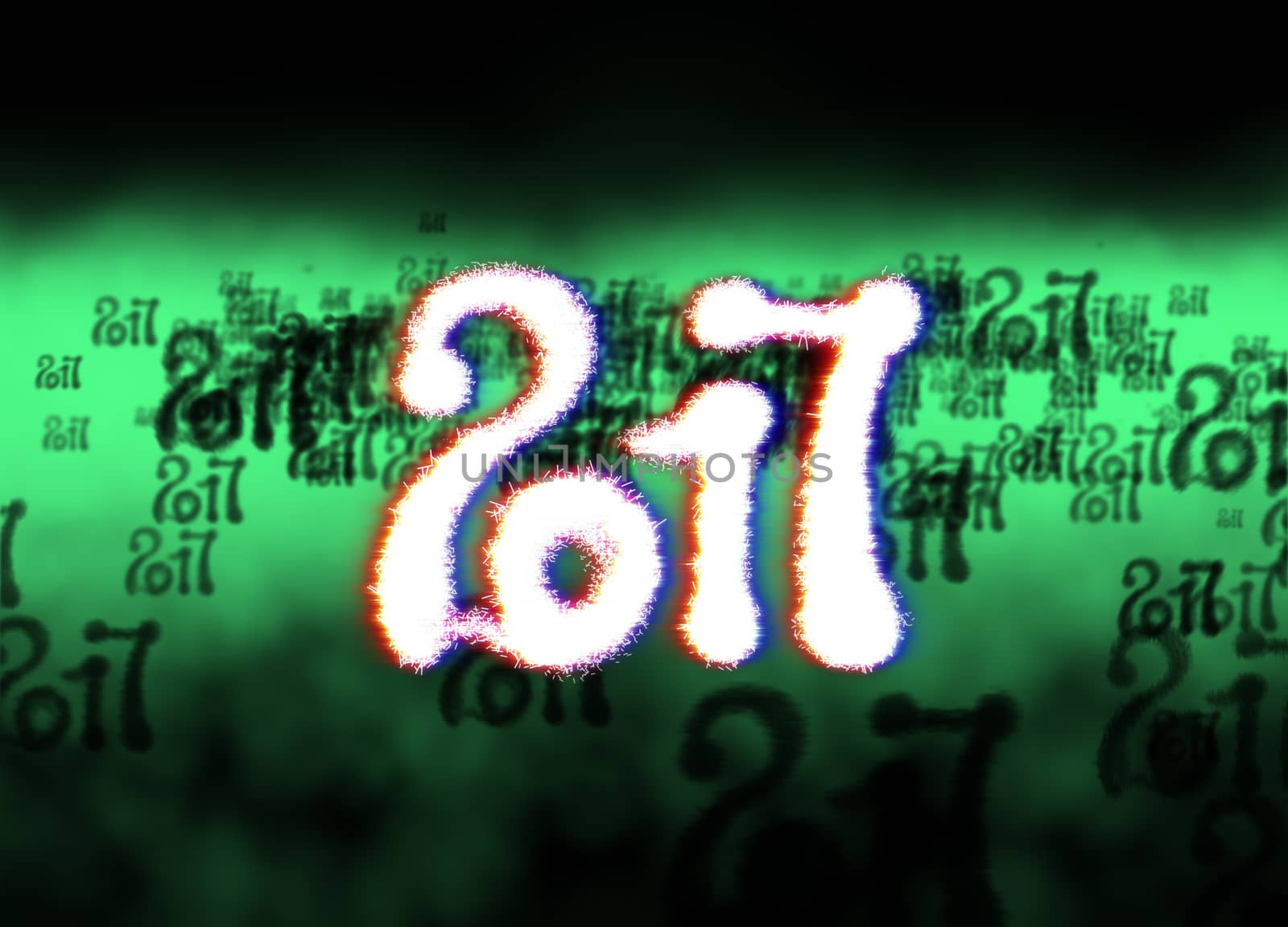 Happy new year 2017 isolated numbers written with light on bright bokeh background full of flying digits 3d illustration.