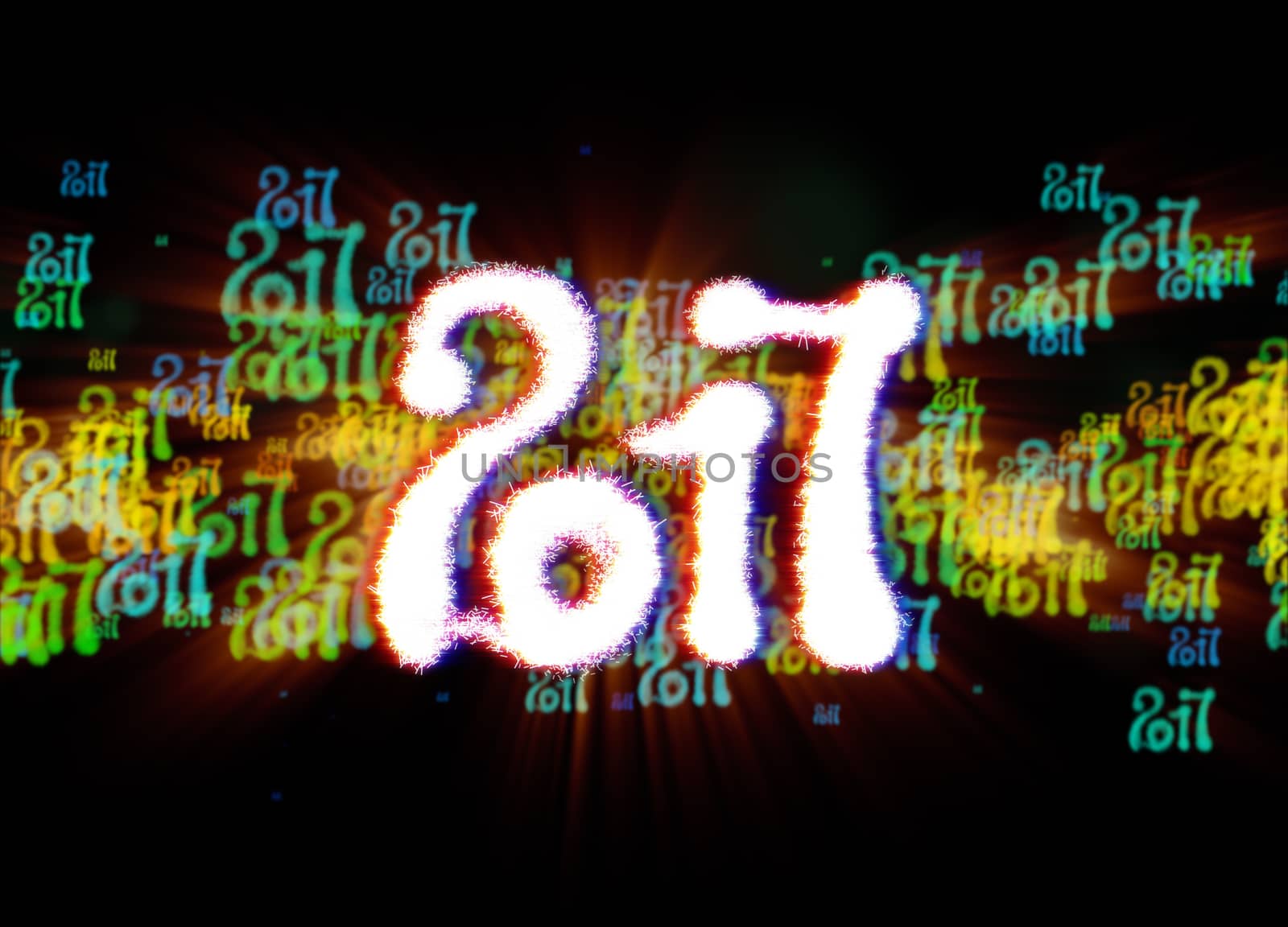 Happy new year 2017 isolated numbers written with light on bright bokeh background full of flying digits 3d illustration.