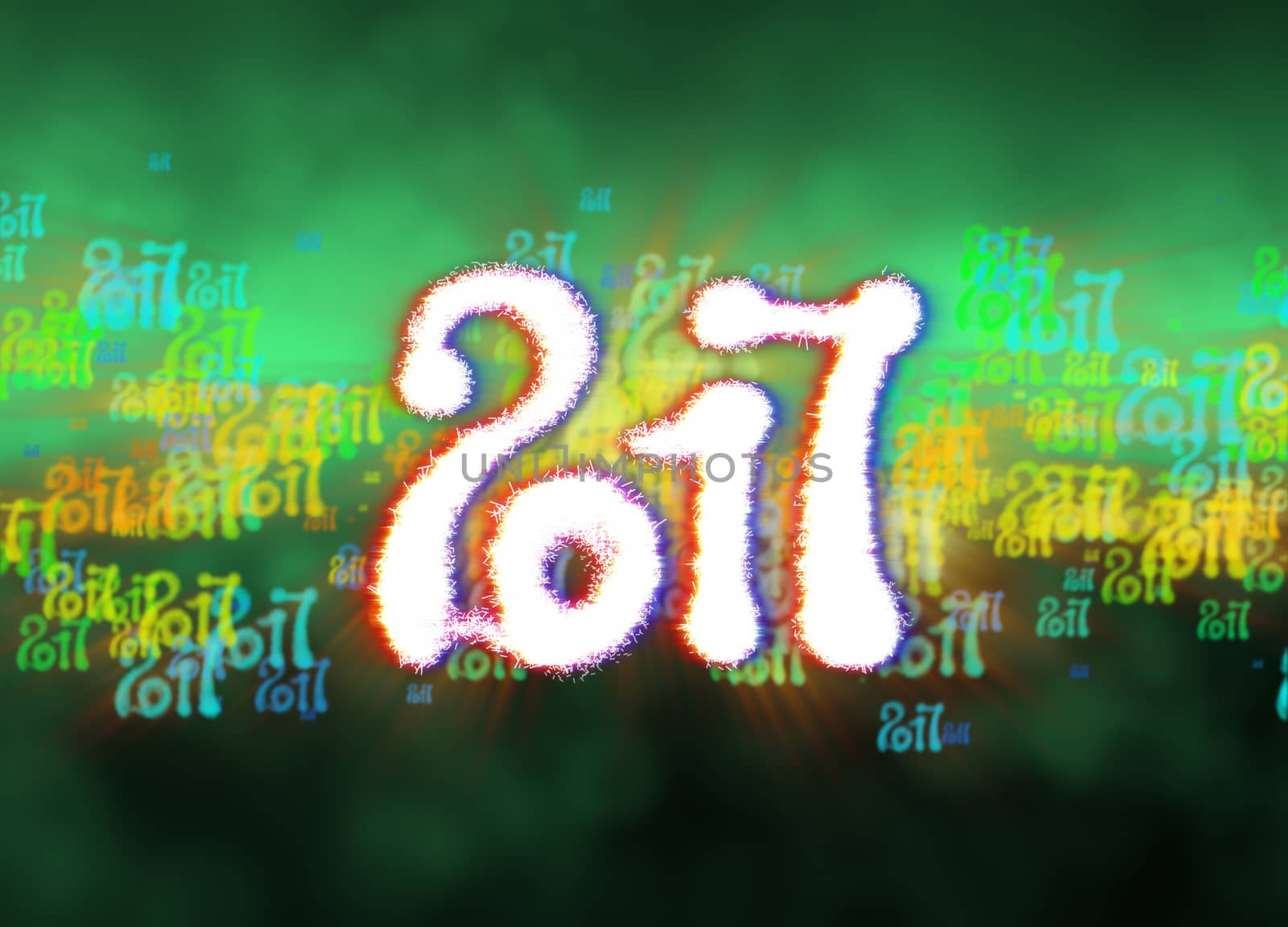 Happy new year 2017 isolated numbers written with light on bright bokeh background full of flying digits 3d illustration.