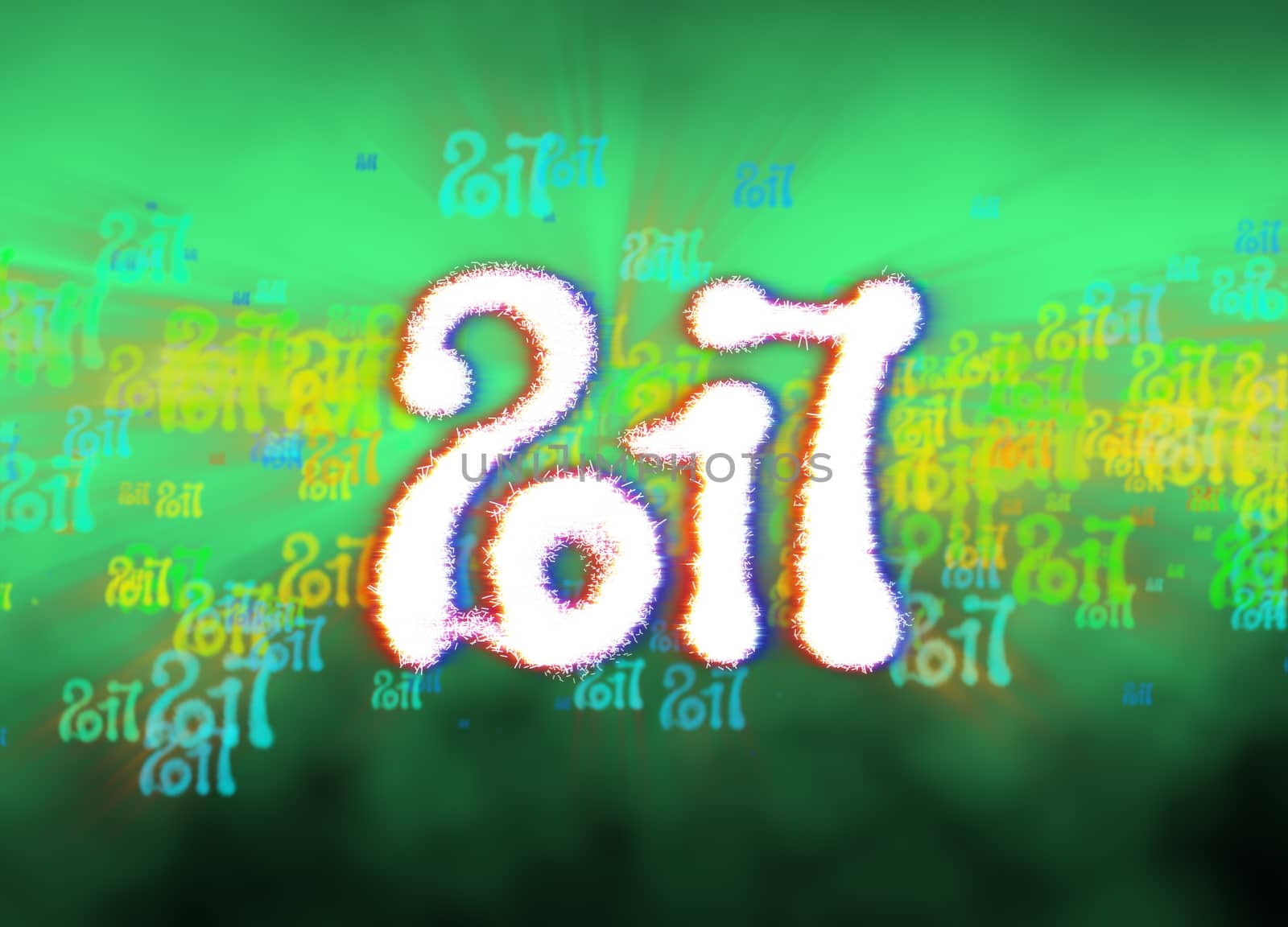 Happy new year 2017 isolated numbers written with light on bright bokeh background full of flying digits 3d illustration.