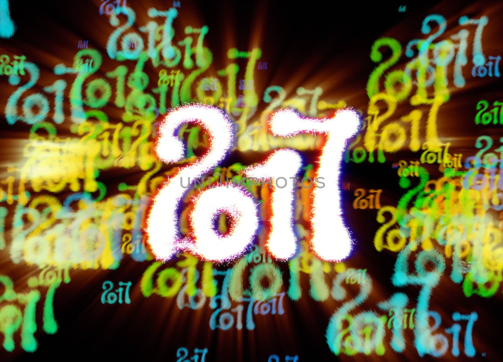 Happy new year 2017 isolated numbers written with light on bright bokeh background full of flying digits 3d illustration by skrotov